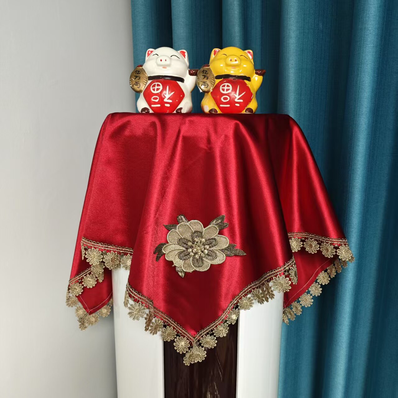 红色空调柜机盖巾开机不取婚房盖布锦缎喜庆空调套空调罩防尘罩