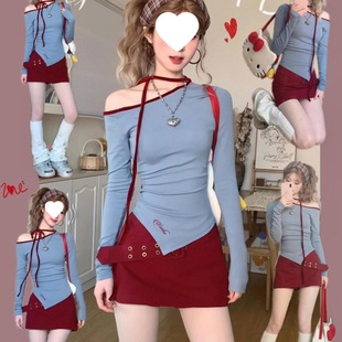 红色半身裙 酷飒辣妹斜肩上衣小众炸街新款 开春穿搭套装 2025女美式