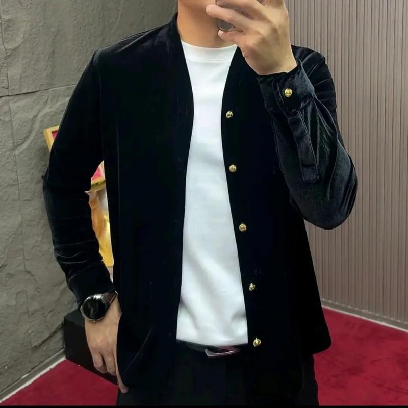 路西威男装男士新款商务百搭舒适金丝绒c秋冬无领高端长袖衬衫外