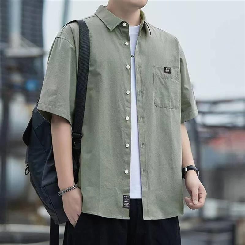 岱坊百货1男纯棉短袖衬衫休闲宽松中老年全棉夏季薄款衬衣外套男
