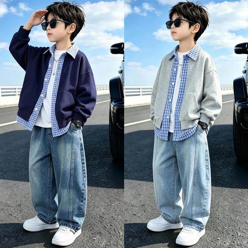 3浅澜集春秋韩版痞帅假两件外套套装中大童休闲运动两件套童