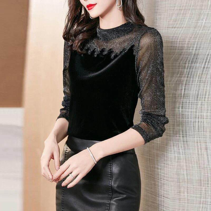 馨晨服装秋冬新款时尚拼接网纱长袖T恤上衣洋气半高领打R底衫D672