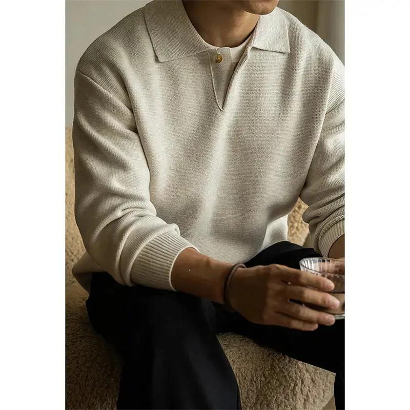 HQ轻奢严选7针米绒纱线翻L领半开襟毛衣男士秋冬通勤百搭打底衫