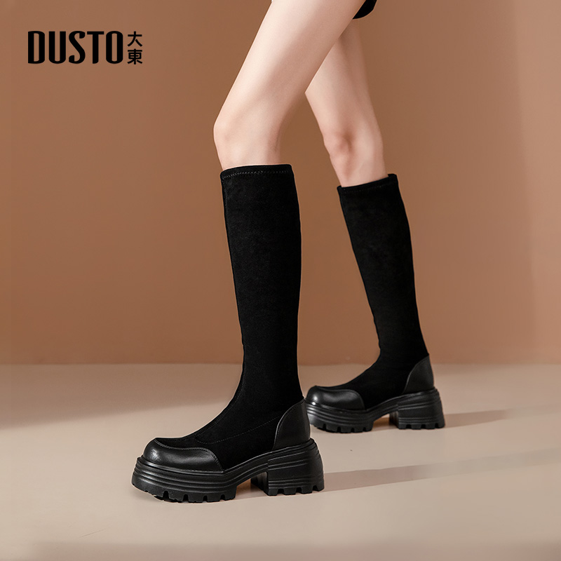 大东官方厚底长靴女2025新款冬季靴子长筒靴黑色靴子弹力瘦瘦靴女