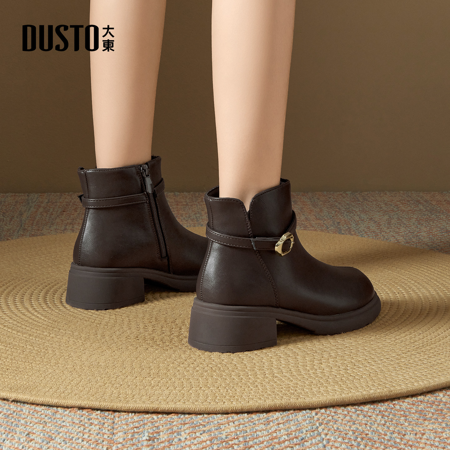 大东官方粗跟女士短靴女2025新款秋冬爆款妈妈皮靴女咖色短筒靴子