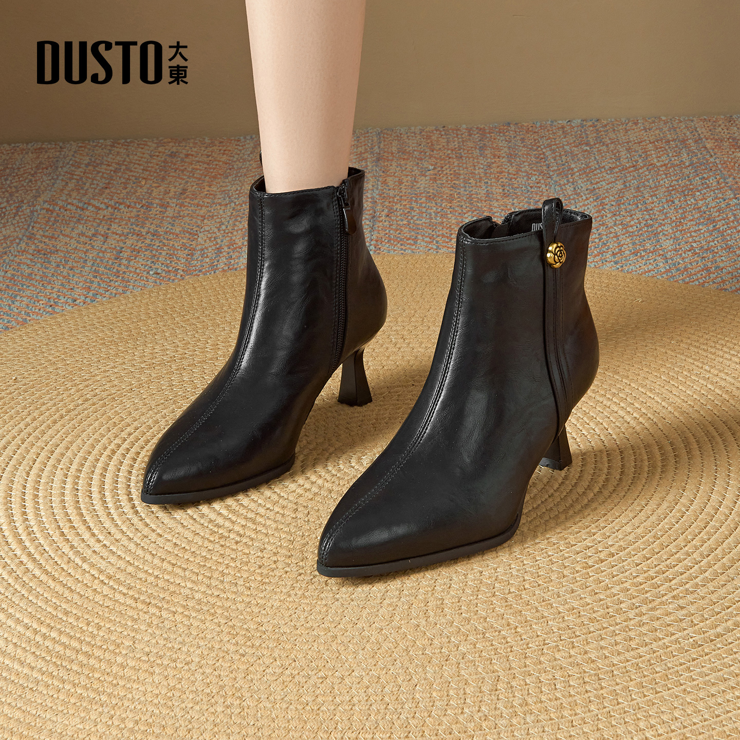 大东官方高跟短靴女2025新款秋冬洋气小踝靴黑色尖头细跟靴子单靴