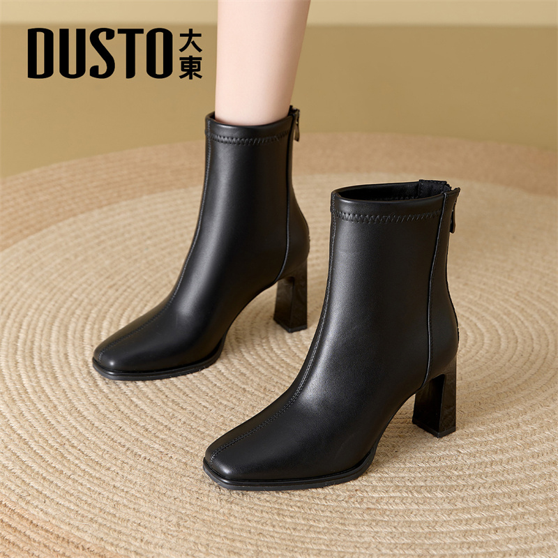 大东官方高跟短靴女2025新款冬季粗跟配裙子靴子加绒黑色切尔西靴