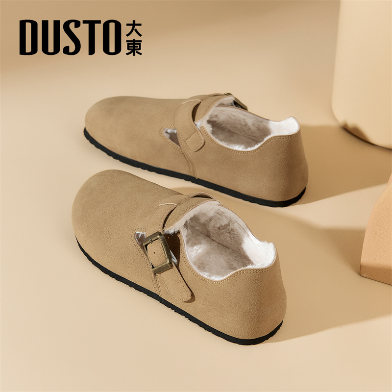 大东官方加绒勃肯鞋女秋冬2025新款保暖鞋子复古毛毛鞋软底懒人鞋