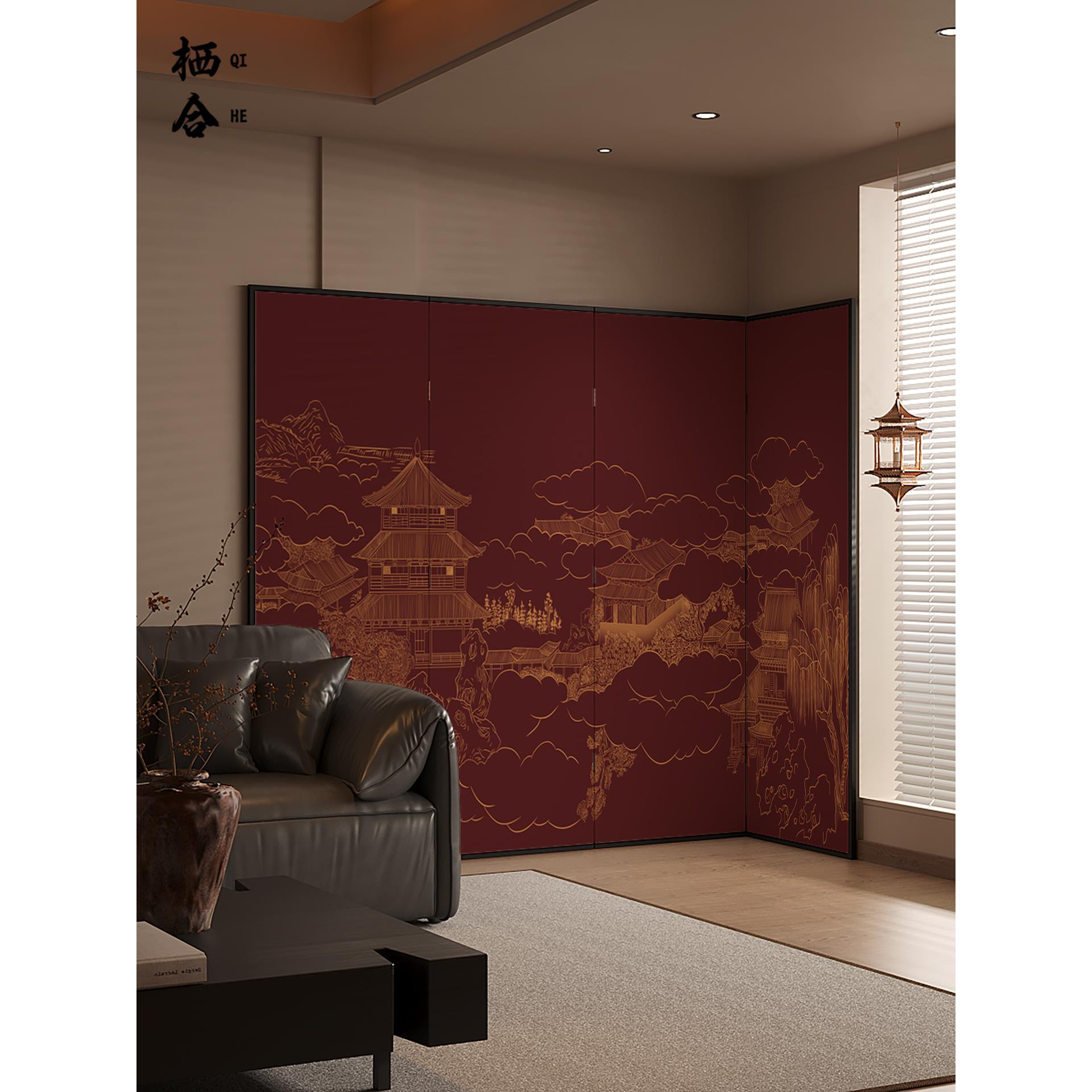 新中式红色建筑园林屏风隔断折叠移动客厅入户遮挡办公室实木折屏