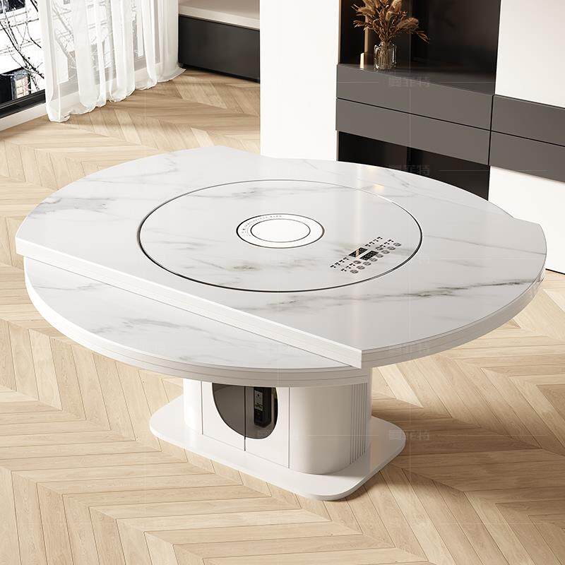 岩板餐桌可变圆桌伸缩折叠客厅家用带电磁炉暖菜转盘加热一体饭桌