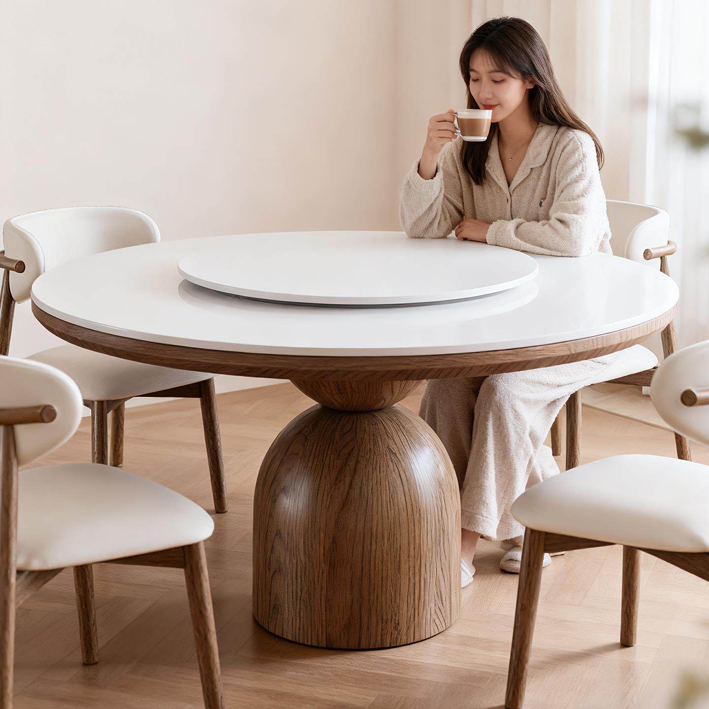 中古风岩板圆桌实木圆形餐桌带转盘现代简约家用小户型复古风饭桌