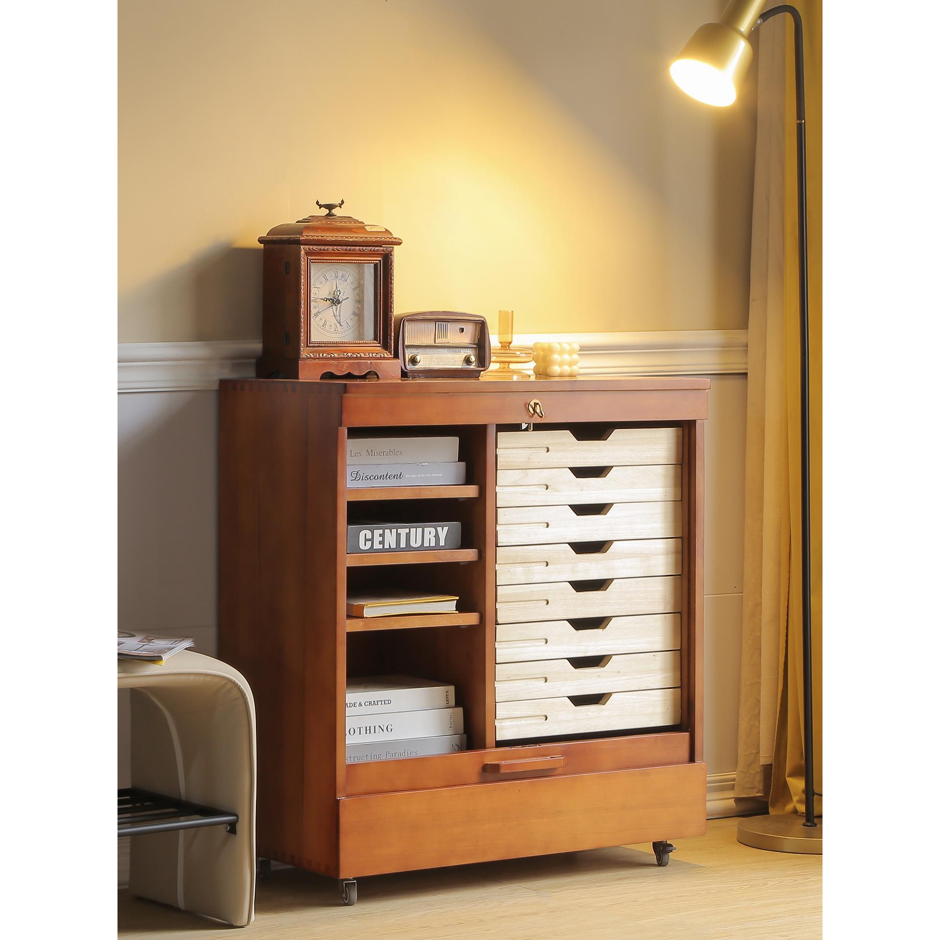 设计师文件柜覆古储物柜黄杨木中古柜移动卷帘门杂物柜沙发边柜子