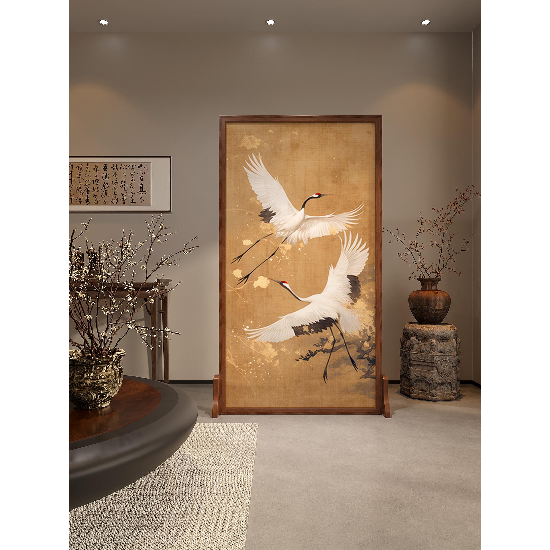 新中式仙鹤实木屏风隔断客厅茶室遮挡酒店办公室背景装饰移动座屏