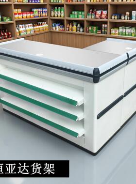 零食水果团购店收银台Cashier带口香糖板置物架白色金属收款柜台