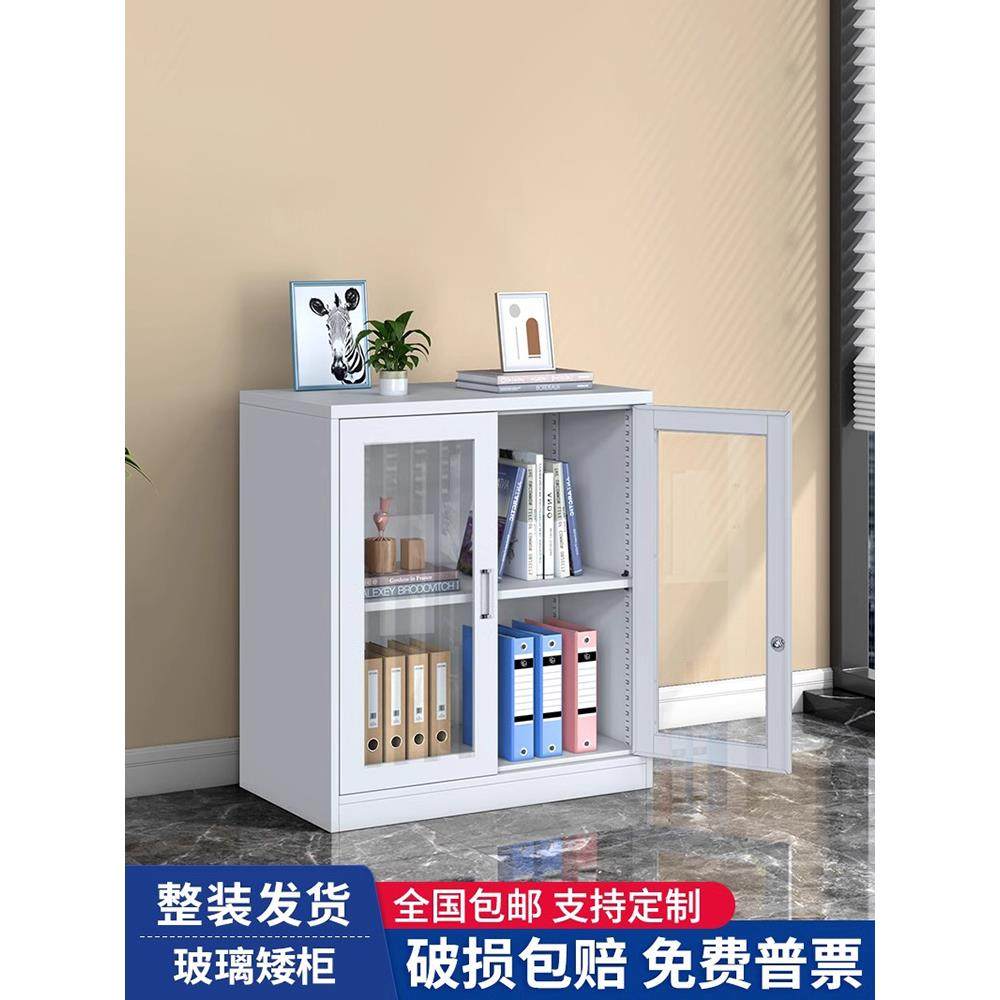 玻璃对开门矮柜办公室铁皮文件柜资料档案柜带锁桌下收纳柜储物柜