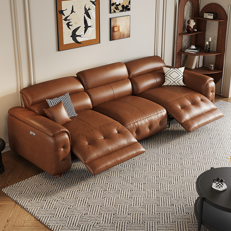 穗宝零靠墙电动真皮沙发中古风客厅直排焦糖色油蜡皮多功能