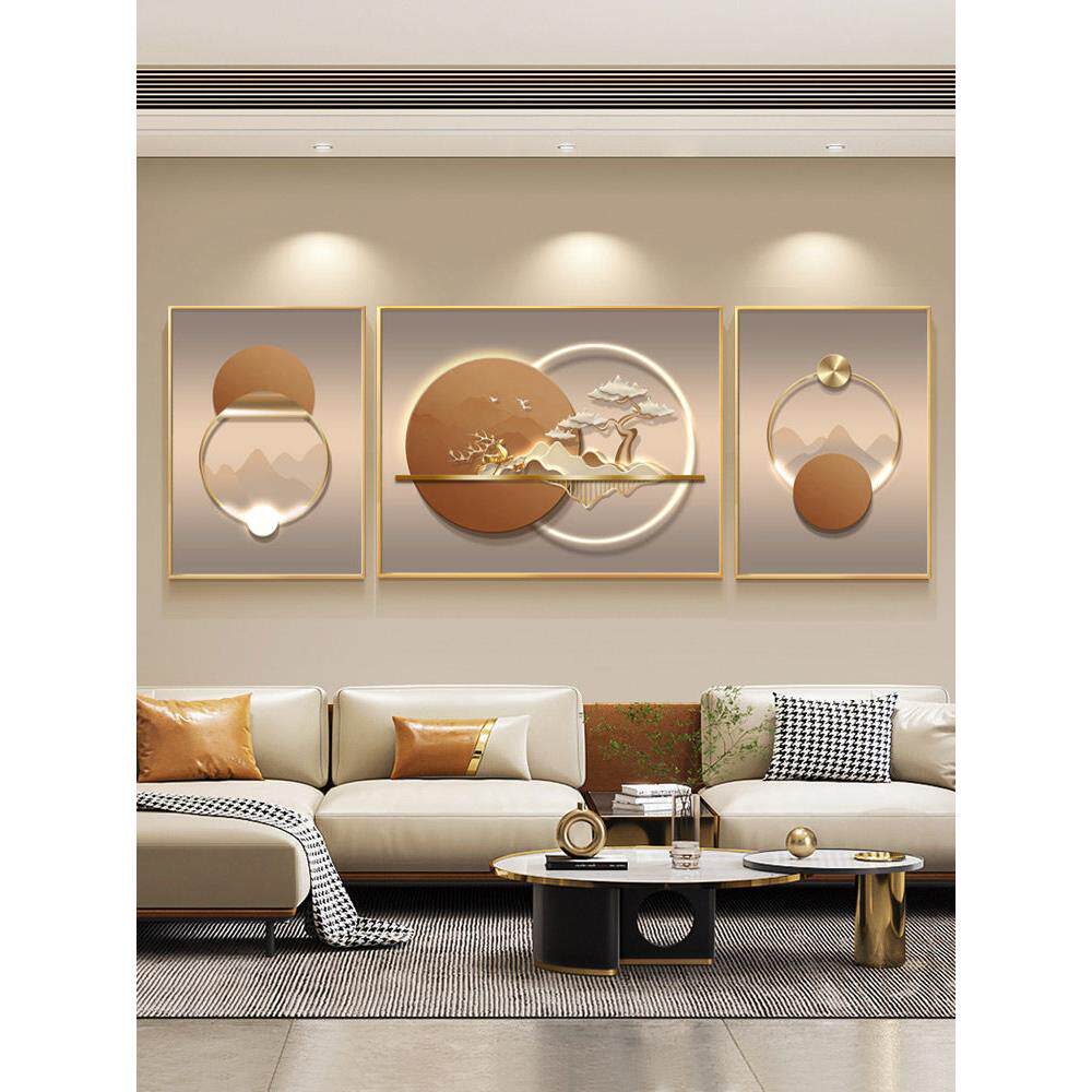 现代轻奢客厅装饰画大气山水沙发背景墙挂画新中式高级感三联壁画