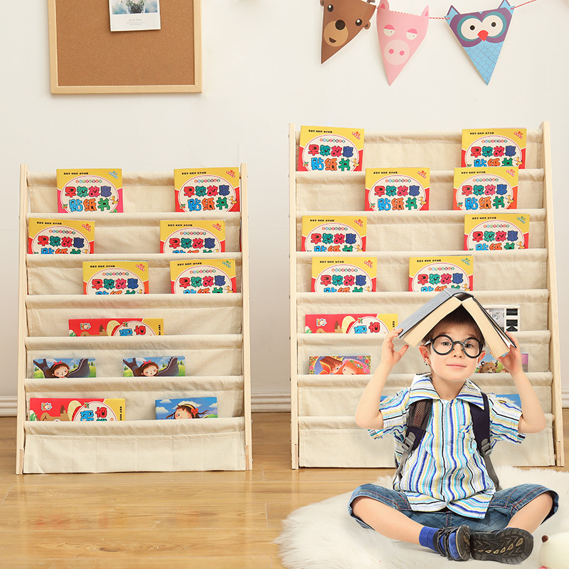 实木儿童书架组装杂志架简易书架帆布幼儿园书架资料架 落地