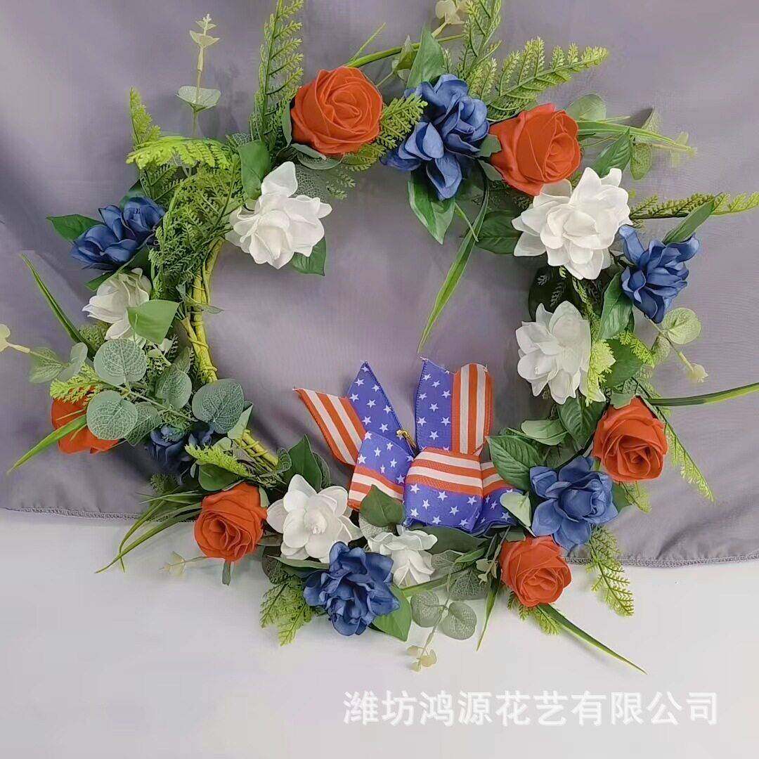 美国独立日花环门挂 红白蓝仿真花装饰花圈 节日摆件藤圈挂件