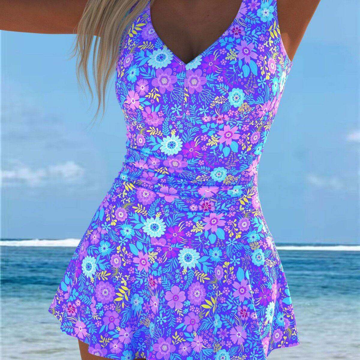 2026跨境女士运动款一体式泳衣带裙摆连体泳衣