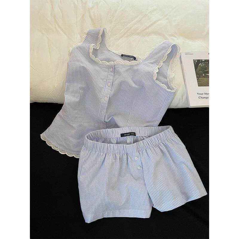 韩系蓝色条纹纯欲蕾丝花边睡衣女款夏吊带背心短裤舒适家居服套装