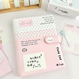 韩系A5波点小猫笔记本高颜值耐用pu皮质本活页本学生记事本日记本橙粉糖糖