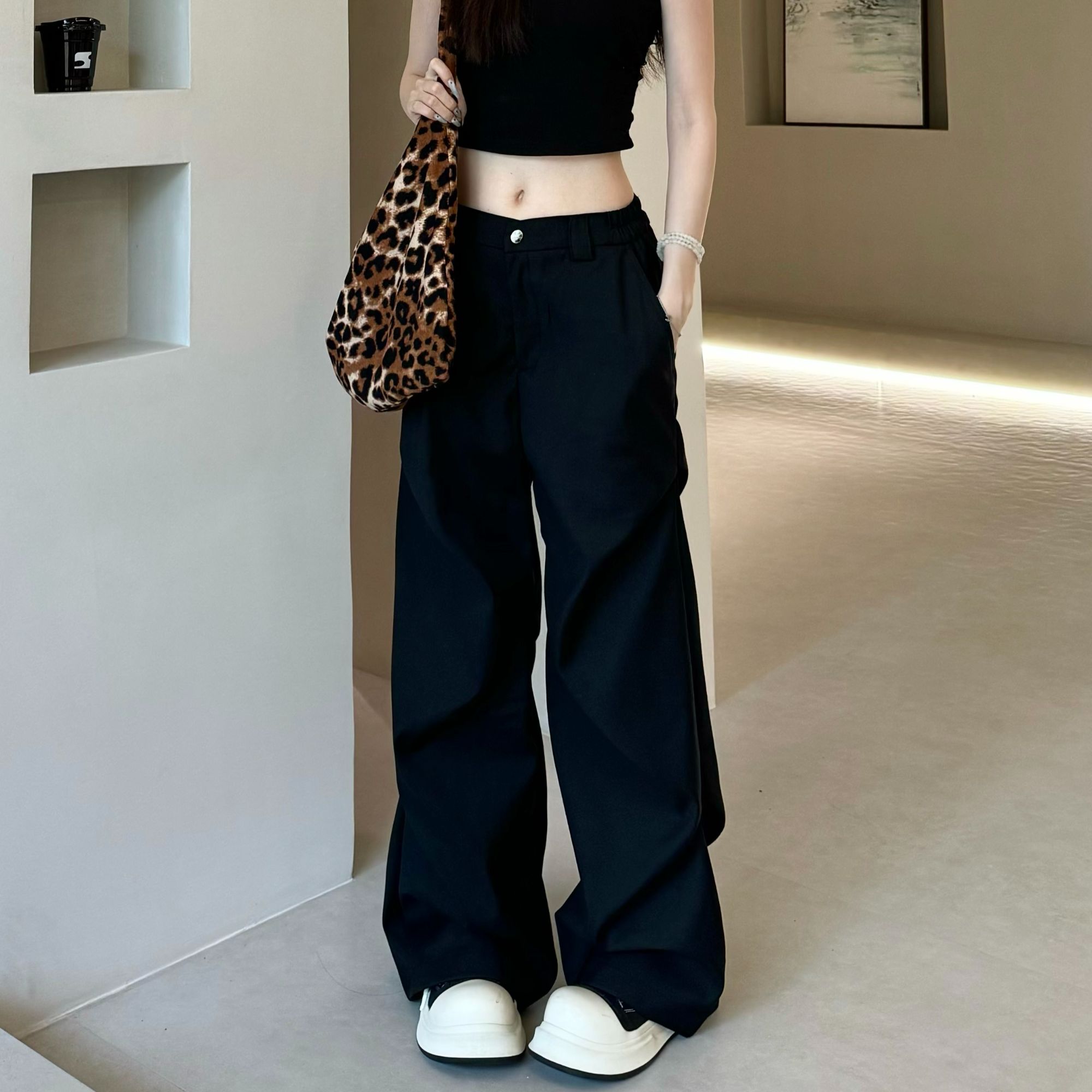 美式高街设计感褶皱休闲黑色西裤