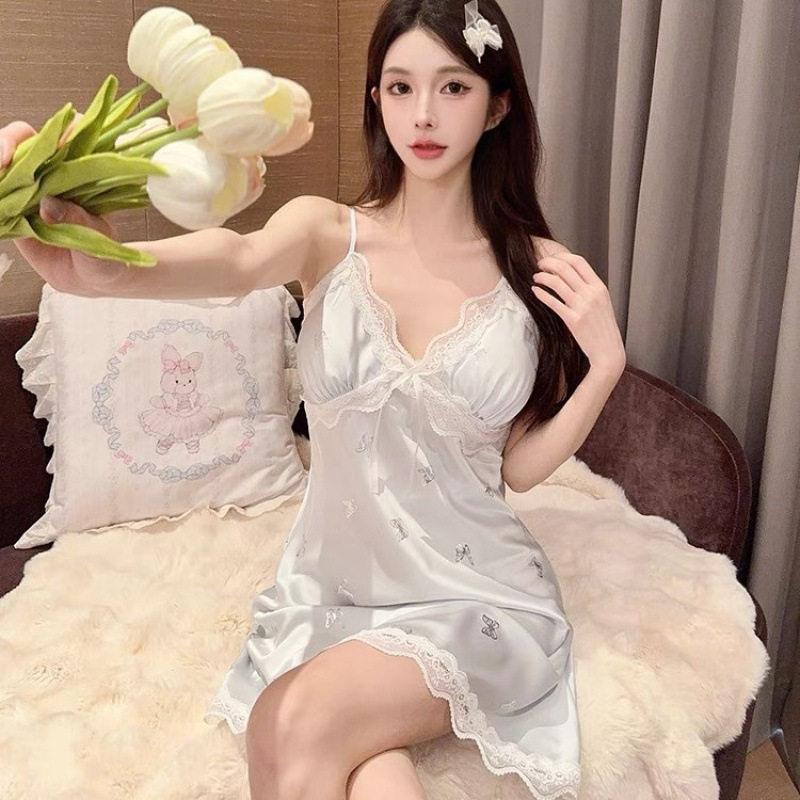 夏季冰丝烫印蝴蝶吊带睡裙