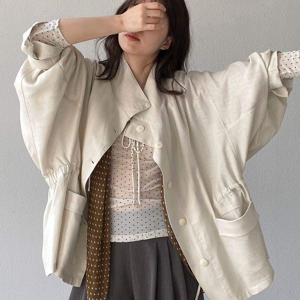 莱赛尔亚麻风衣薄款外套女春秋新款高级感落肩袖中长款宽松款大衣