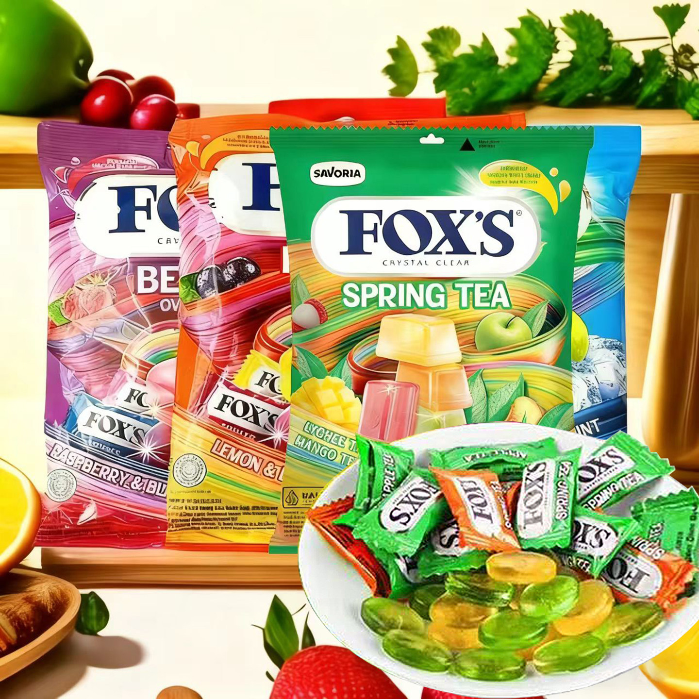 进口印尼foxs水晶糖四季茶水果糖硬糖果网红爆款杂莓薄荷喜糖零食