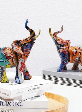 现代简约炫彩大象摆件创意树脂工艺品家居客厅玄关桌面装饰品摆设