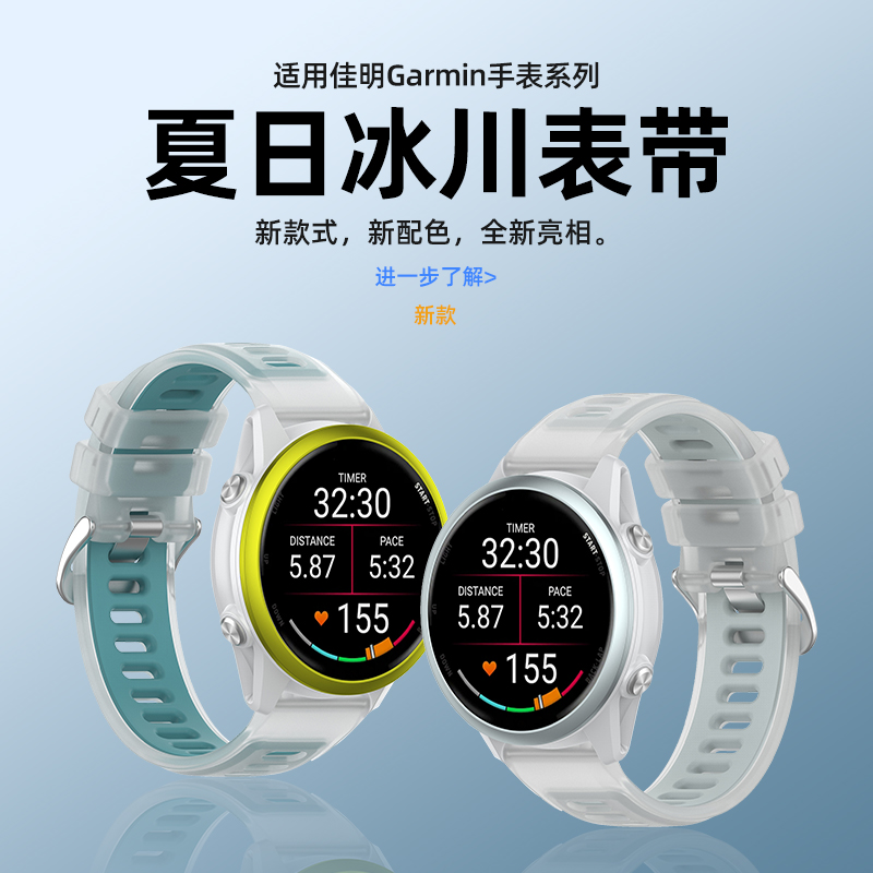 适用佳明手表表带255夏日冰川透明265/245硅胶替换带Forerunner645腕带VenuSQ果冻色男女通用运动Garmin配件