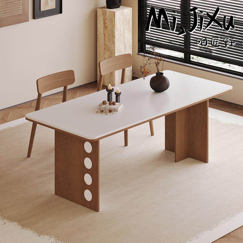 网红风岩板实木餐桌椅组合家用饭厅客厅北欧胡桃色长方形吃饭桌子