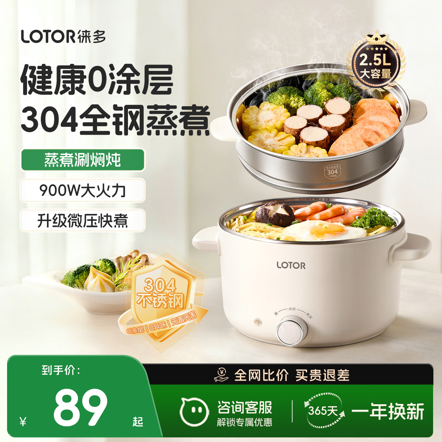 lotor徕多不锈钢电煮锅宿舍小型家用多功能一体2到3人1蒸锅小电锅