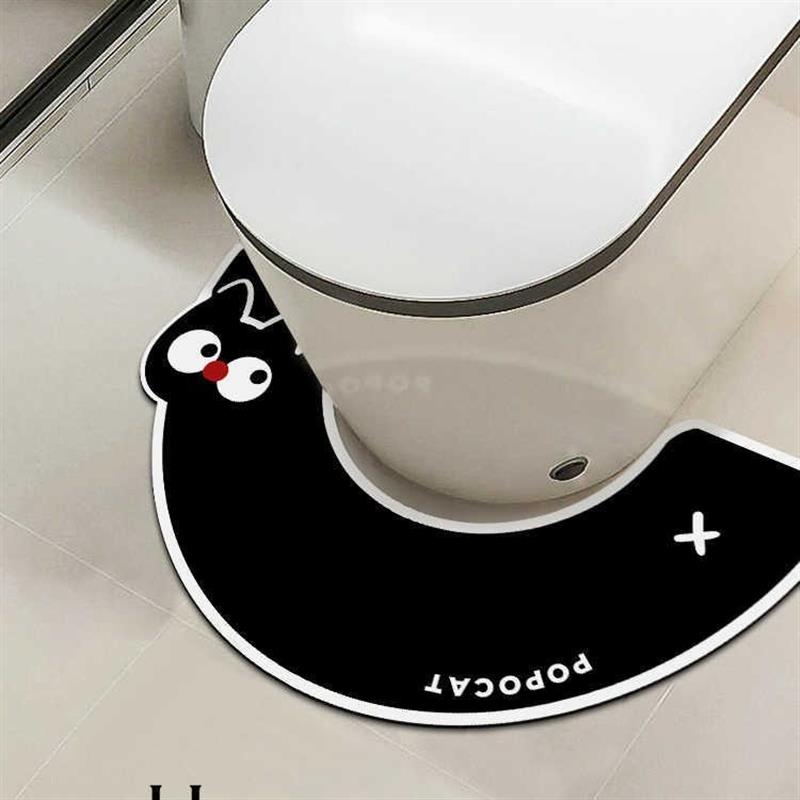 卡通弯曲小黑猫马桶u型硅藻泥地垫卫生间浴室吸水速干防溅脚垫