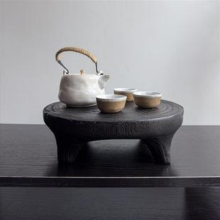 茶壶泡茶家用不规则手工粗陶茶杯摆件 侘寂风木质茶台功夫茶具套装
