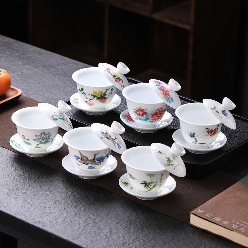 盖碗茶杯茶碗大号茶具青花瓷泡茶碗陶瓷高白瓷功夫三才碗单个新品