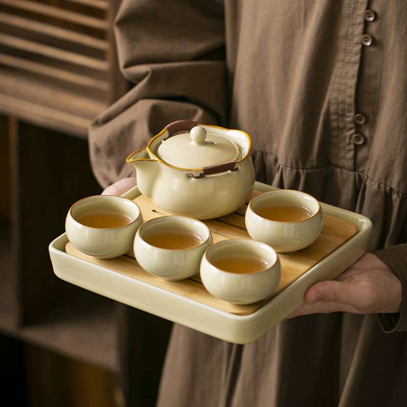 米黄汝窑旅行茶具套装户外露营便携式泡茶喝茶陶瓷快客杯茶壶茶杯