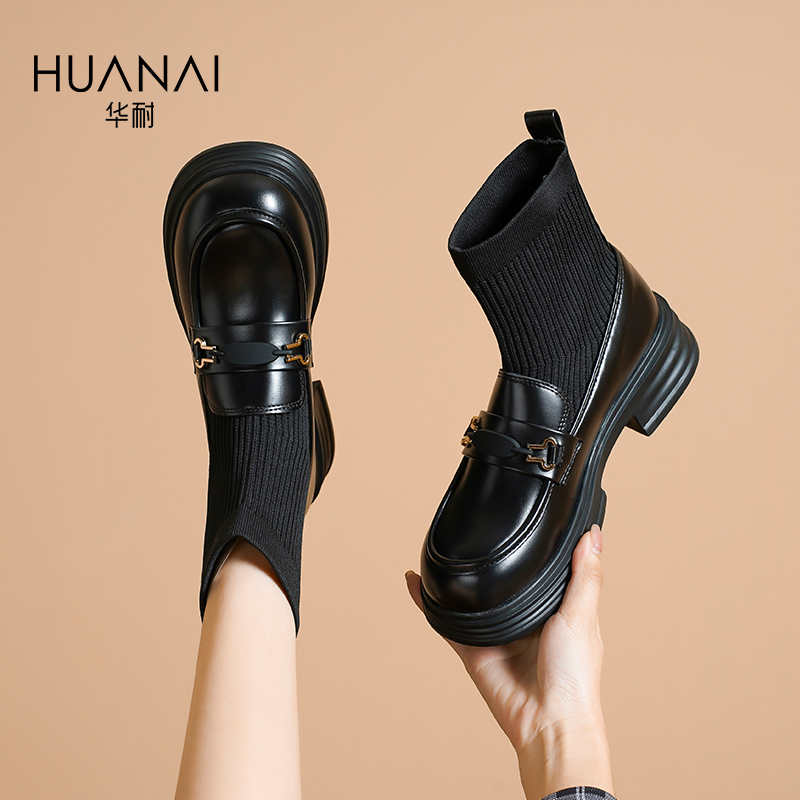 华耐圆头弹力袜小皮鞋