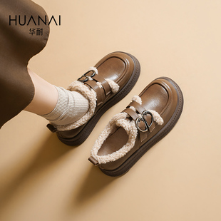 秋冬加绒加厚复古一脚蹬皮面勃肯小皮鞋 华耐棕色乐福鞋 女2024新款
