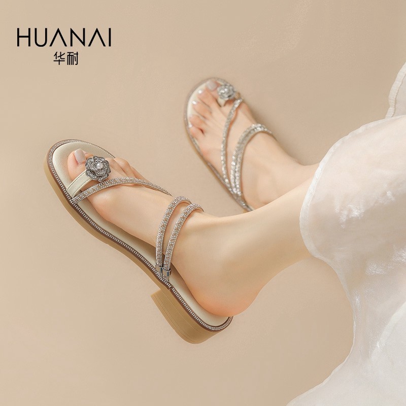 华耐法式低跟细带套趾凉拖鞋女2025夏季新款百搭仙女风平底拖鞋,女鞋,一字拖,淘宝优惠券,粉丝福利购,淘宝优惠卷