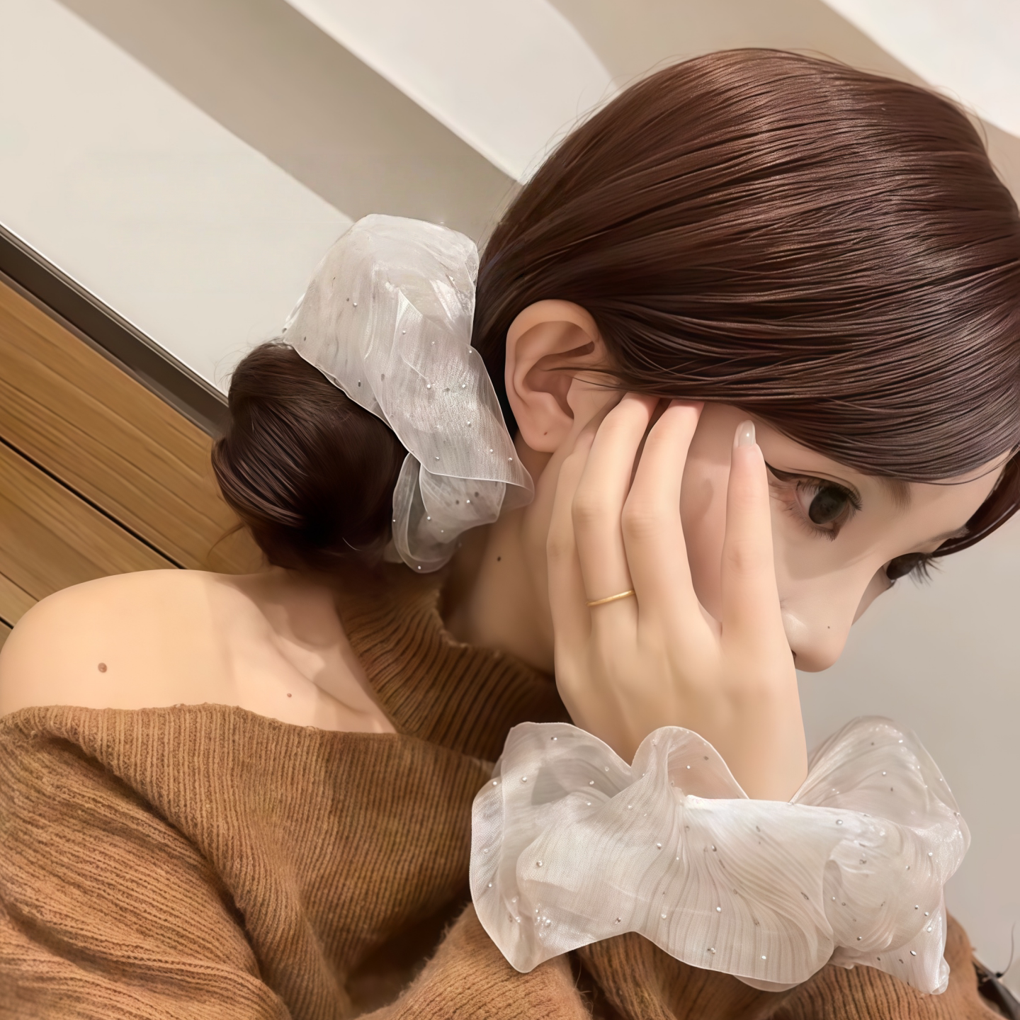 韩系慵懒泡泡纱满天星水钻大肠圈