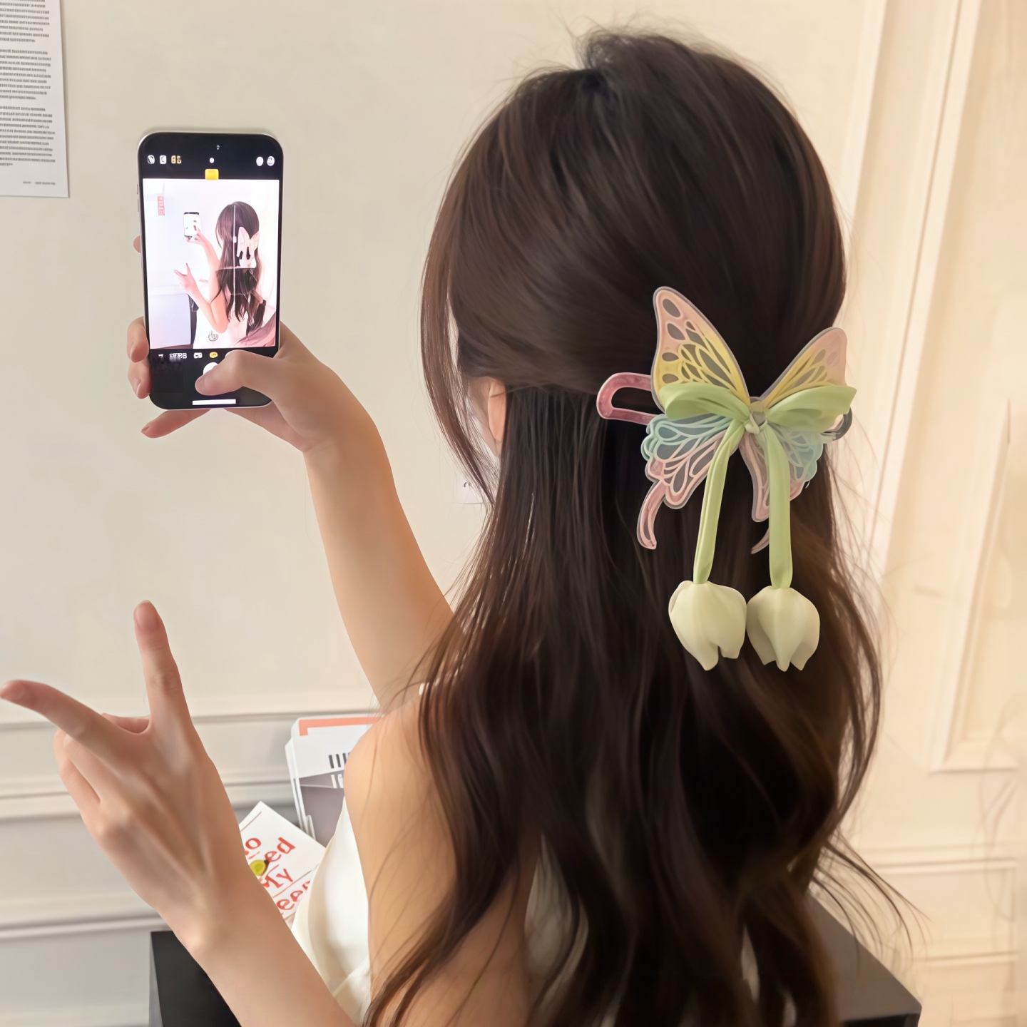 甜美郁金香流苏超仙蝴蝶鸭嘴夹女2025新款后脑勺半扎发一字夹发饰 - 庆雪旗舰店出品