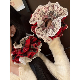 甜美新款红色蕾丝格纹双层新年大肠发圈发绳丸子头高级发饰女