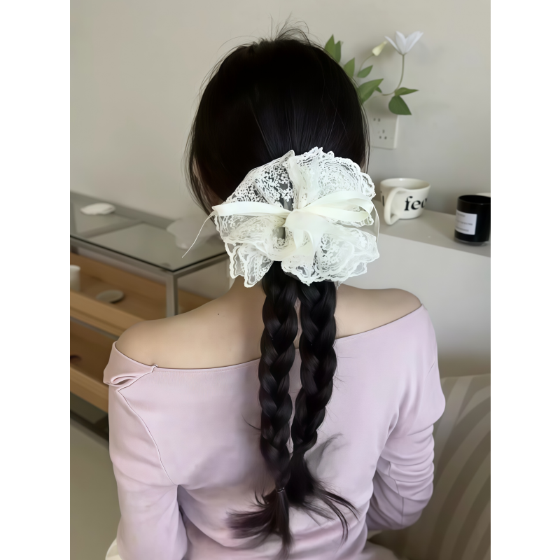 甜美温柔蕾丝刺绣抽绳发圈芭蕾少女丸子头扎发绳头花大号网纱头绳