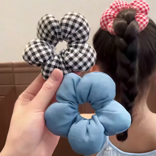 儿童马尾格纹花瓣大肠发圈女童盘发立体充棉布艺花朵丸子头发绳