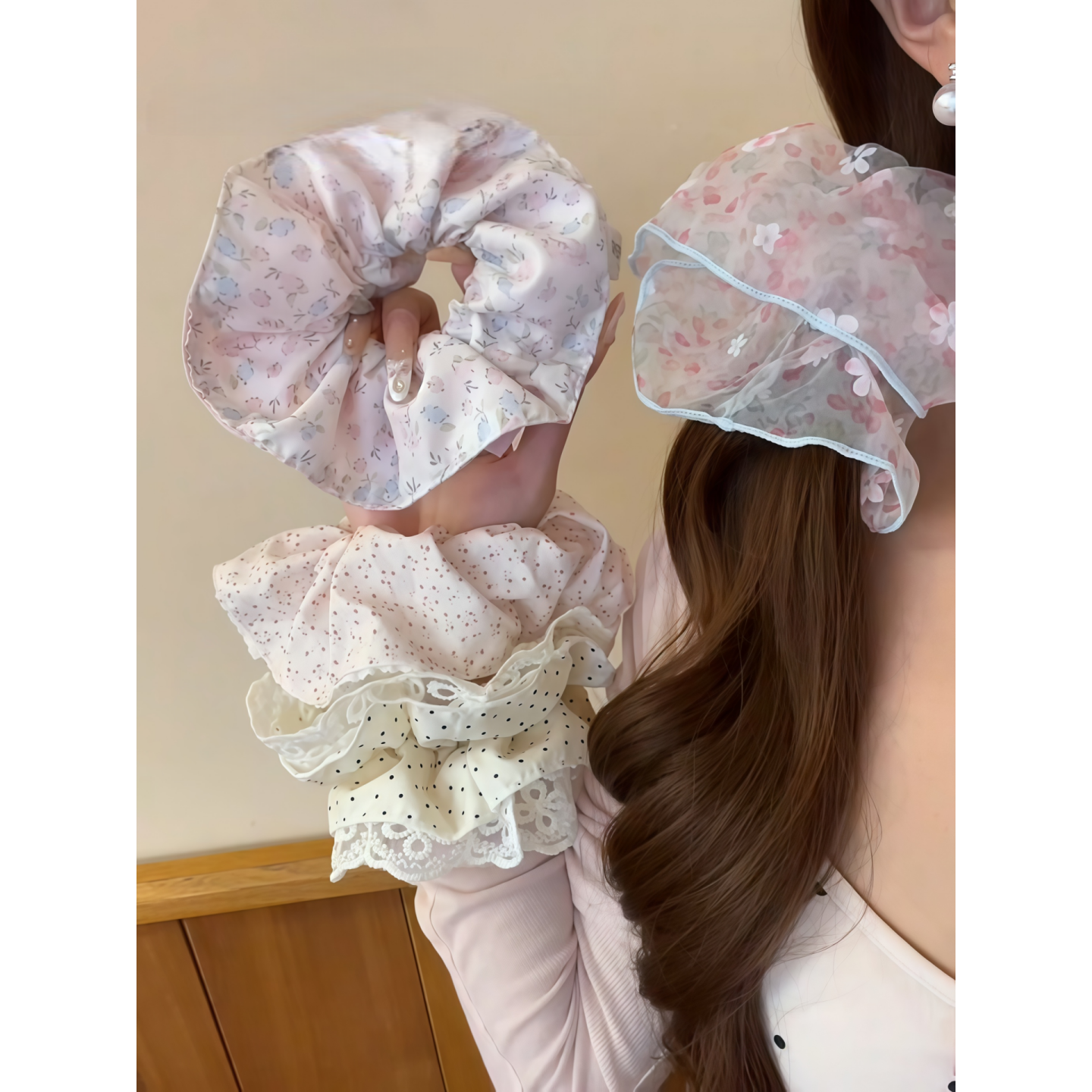 甜美减龄韩式粉色碎花大肠发圈女2026新款高级感仙气慵懒风发饰