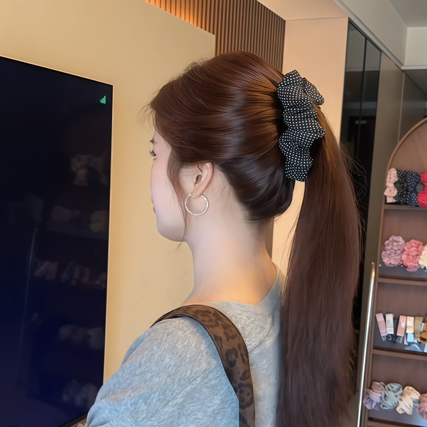 韩系超仙波点网纱大号香蕉夹