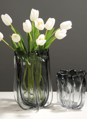 花边纹理加厚琉璃玻璃花瓶花器摆件餐桌样板房客厅电视柜极简摆设