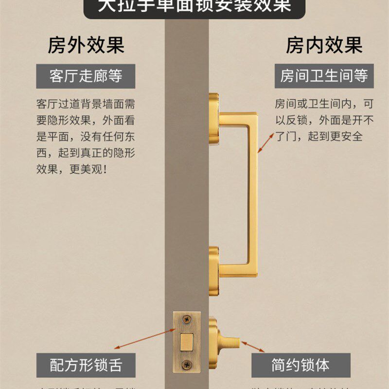 睿高全铜新中式木门大拉手双开隐形门锁单面锁暗锁推拉门把手移门